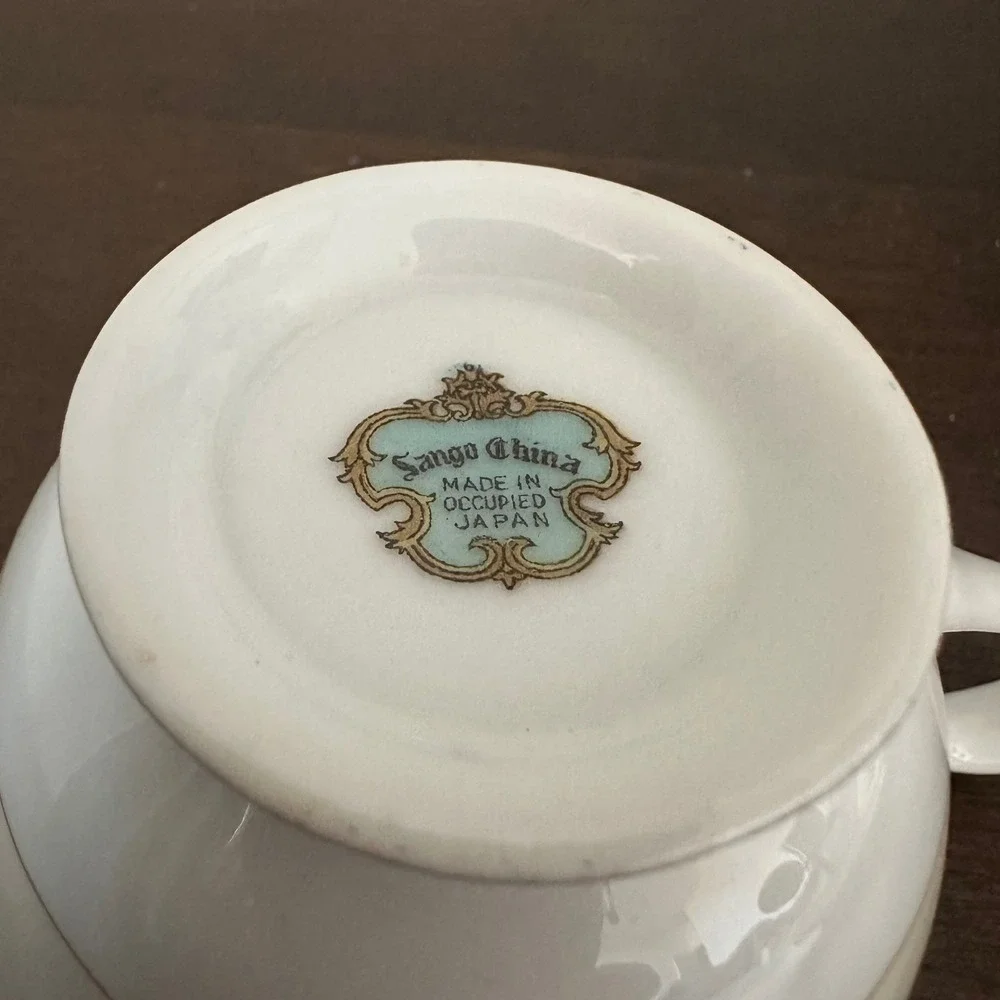 Sango China Cup Saucer Floral Green‎ Gold Rim Vintage Victorian Pattern